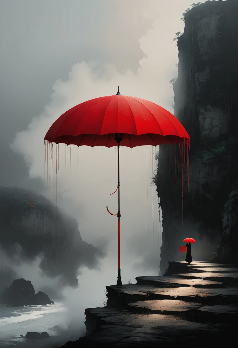 a simple,minimalist illustration, 1 red umbrella ,tassels on the umbrella,solitary figure,on a cliff edge,bridge