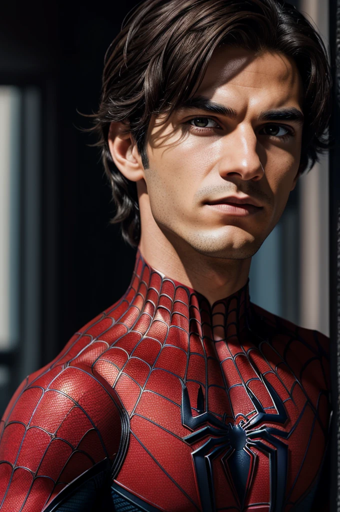 A photograph of Spider-Man., sin mascara, the 20s, elegant, detailed face, looking to the camera, portrait, 8k hd, high quality