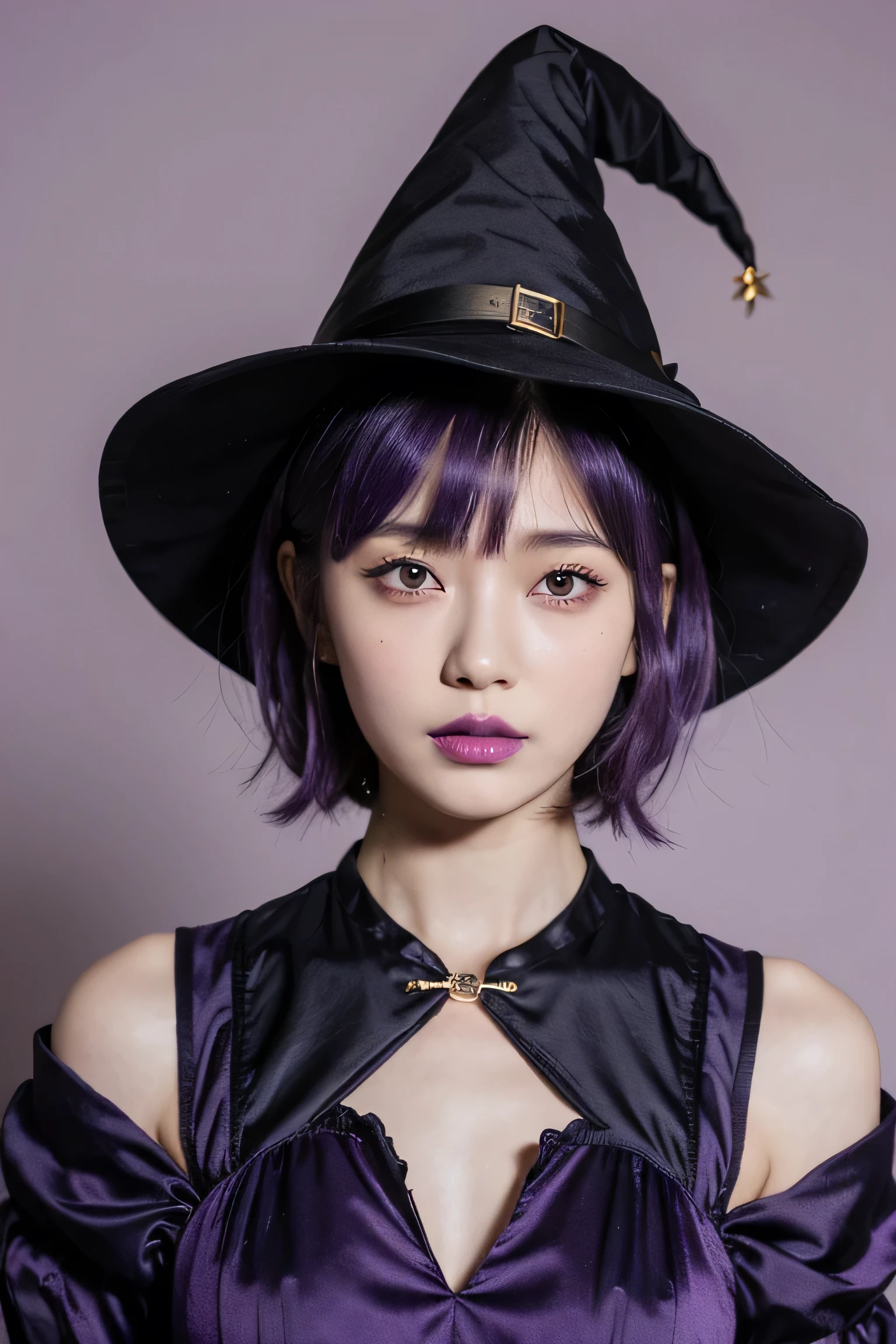 1girl, Asian girl, portrait, purple hair, short hair, curly hair with a fringe, witch hat, witch dress, purple lips, purple background