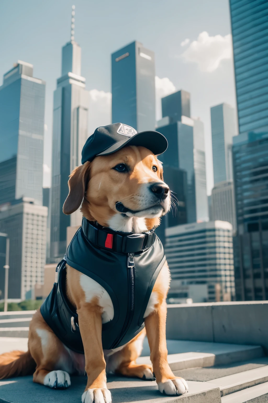 ((best qualityer)), ((work of art)), (detailded), a dog , in a cap , with a futuristic city background , hand drawn cartoon style