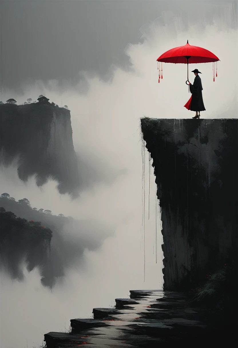 a simple,minimalist illustration, 1 red umbrella ,tassels on the umbrella,solitary figure,on a cliff edge,bridge