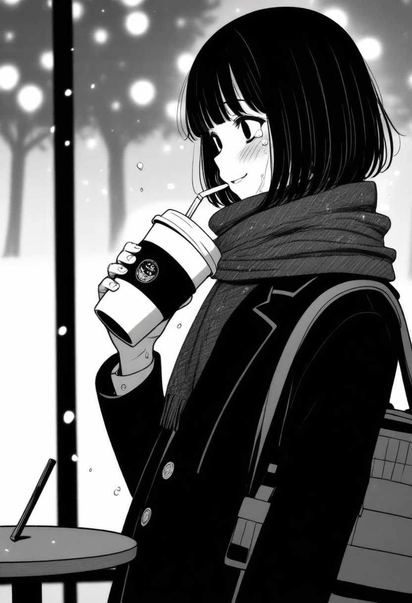 masterpiece, best quality, 1girl, mamerakkkkko, grayscale, manga style, japanese, chi no wadachi, black eyes, street, iced, black hair, schoolbag, smile, lineart, black coat, black scarf, black pleated skirt, leggings, centered, 18 years old, tall, fair skinned, bokeh background, crying, tears, tears streaming, bob cut, light particles, from side, snowing, (((drinking coffee, straw, perfect hand, detailed hand:1.1)), emotional anime scene
