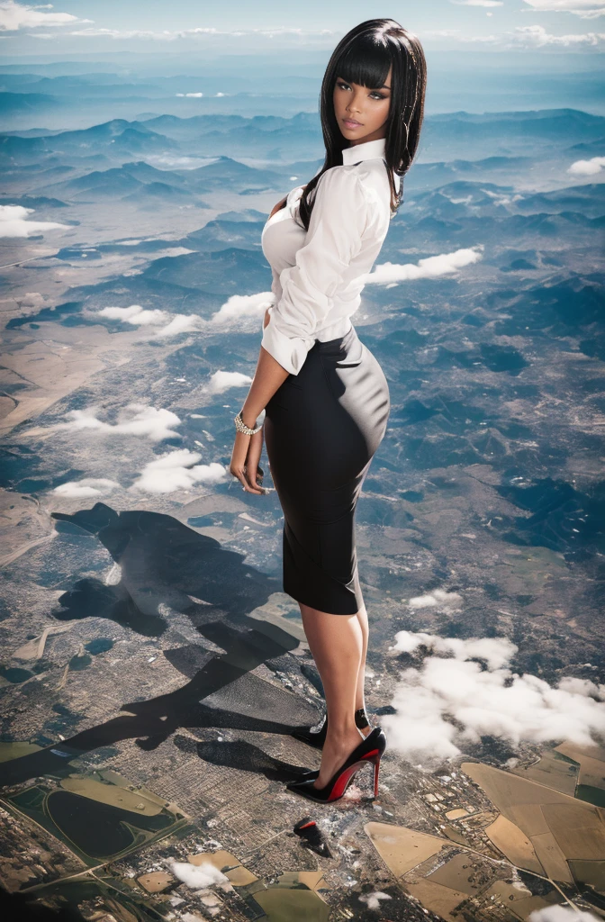 Beyonce, (masterpiece, best quality, best shadows, best shading, perfect hands, perfect face, cinematic lighting, colorful, ultra-detailed, beautiful photography, character focus, extremely-detailed, photorealistic, hyper photorealism, atmospheric), (rural destruction:1.2), (giantess, stereotypical office worker), (dirty, filthy, unwashed, sweaty, unkempt, angry, tired, exhausted, annoyed), (walking, mid stride, stepping down on, stomping, crush, rampage), (black patent Louboutin pointed toe pumps, high heels, stiletto heels), ((revealing crisp white blouse, short black pencil skirt)), (long straight hair with front bangs), (high altitude photography, satellite view), (exposed cleavage, heaving bosom, legs), (urban sprawl, farmland and small towns, destruction, buildings, roads), (cloudy, overcast, clouds and atmosphere partly obscuring the subject, hazy atmosphere, haze in foreground, wispy clouds)