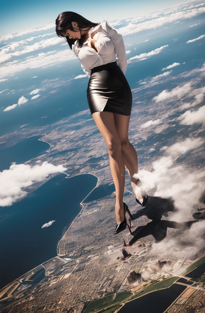 Beyonce, (masterpiece, best quality, best shadows, best shading, perfect hands, perfect face, cinematic lighting, colorful, ultra-detailed, beautiful photography, character focus, extremely-detailed, photorealistic, hyper photorealism, atmospheric), (rural destruction:1.2), (giantess, stereotypical office worker), (dirty, filthy, unwashed, sweaty, unkempt, angry, tired, exhausted, annoyed), (walking, mid stride, stepping down on, stomping, crush, rampage), (black patent Louboutin pointed toe pumps, high heels, stiletto heels), ((revealing crisp white blouse, short black pencil skirt)), (long straight hair with front bangs), (high altitude photography, satellite view), (exposed cleavage, heaving bosom, legs), (urban sprawl, farmland and small towns, destruction, buildings, roads), (cloudy, overcast, clouds and atmosphere partly obscuring the subject, hazy atmosphere, haze in foreground, wispy clouds)