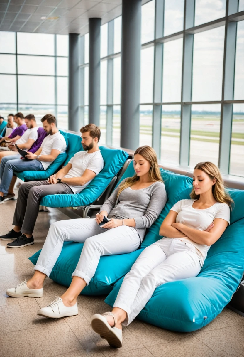 group in airport sleeping, with travel cushion