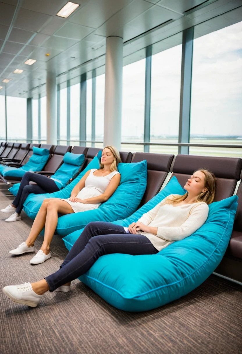 group in airport sleeping, with travel cushion