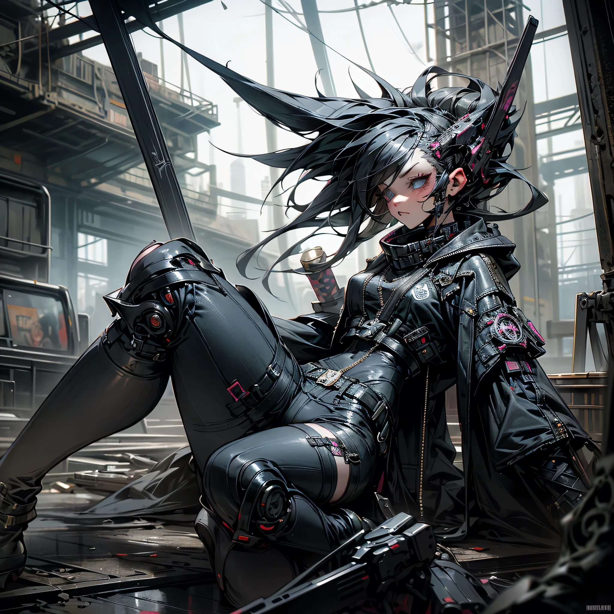 1 girl, 1 solo girl, punk clothes, gothic, cyberpunk weapons, destroyed city, beautiful hair punk, beautiful and detailed eyes, masterpiece, cinematic, mouth without defects, body without defects, hands and arms and legs without defects or anomalies, character no defects no anomalies, gothic, punk