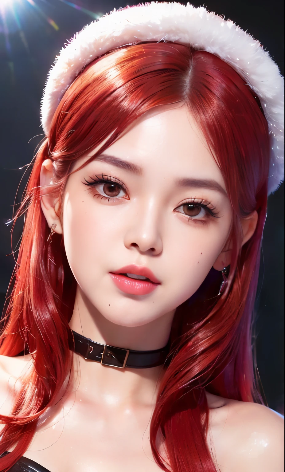 (8K, raw photo, realistic:1.25) ,( lip gloss, Eyelashes, gloss face, Glossy leather, best quality, ultra high resolution, depth of field, chromatic aberration, fire ship, wide lighting, natural shading, K-pop idol) Watch your audience with a calm and happy mind., like a goddess，red headwear ,red hair,And the red eyes