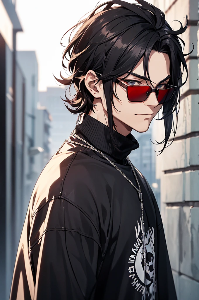 High definition, ultra HD. Draw a male anime character with a front view, who has the with the following physical characteristics: young adult, Caucasian skin, medium and messy black hair, but well looked. His hair falls over his ears and the back of his neck. The character is blind and uses sunglasses with red lenses and silver frames. The glasses hide his eyes and give him a mysterious look. Slim nose, relaxed features, serious and confident, corner smile. Badass clothing: a black sweater and a silver chain. Appearence highlights: his red lenses sunglasses. (character's trademark). Glass lenses make it impossible to see his eyes. Urban background in blurred style.