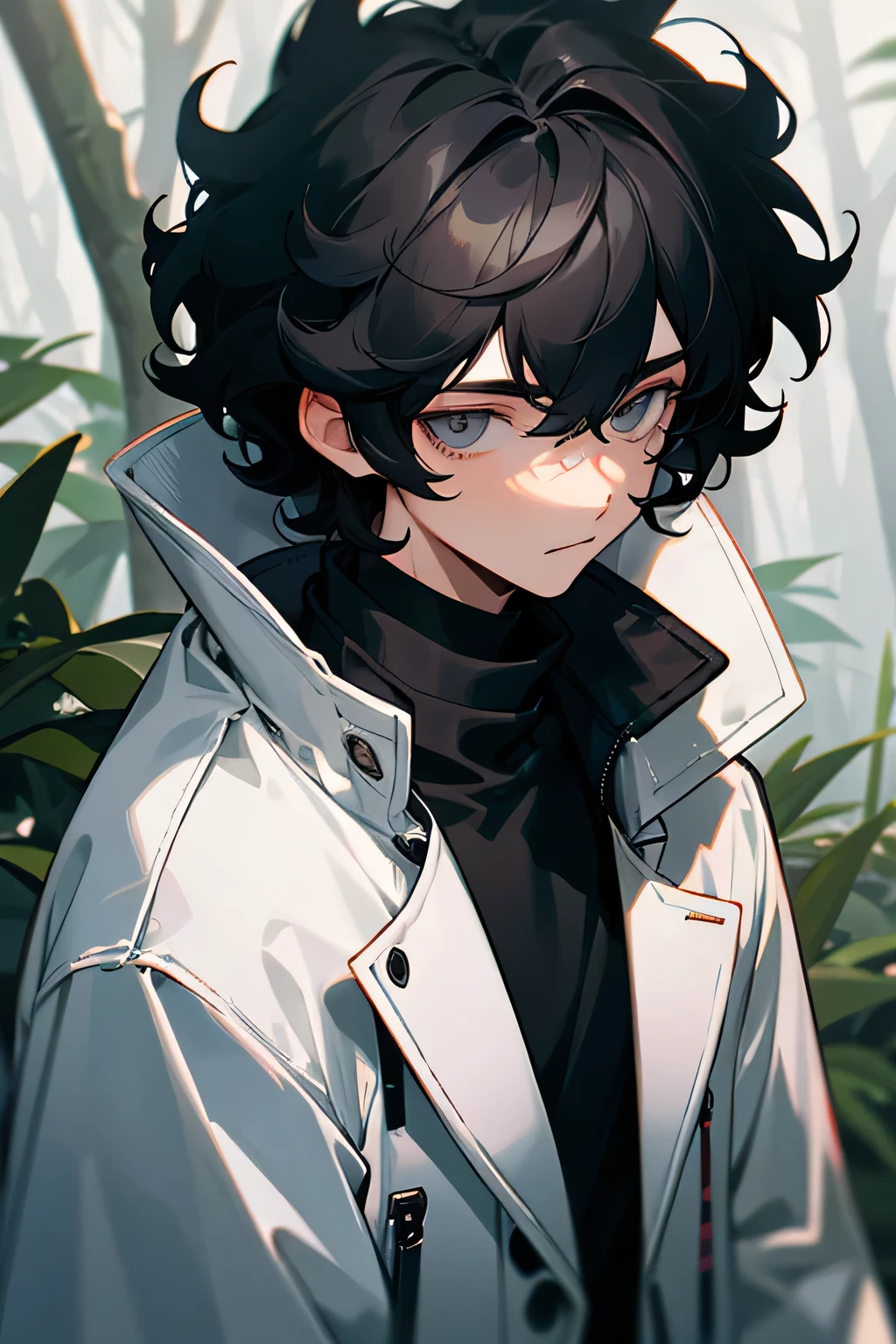 grey eyes, Black curly hair, white jacket-coat, black turtleneck sweatshirt, teenage boy, Forest background, 