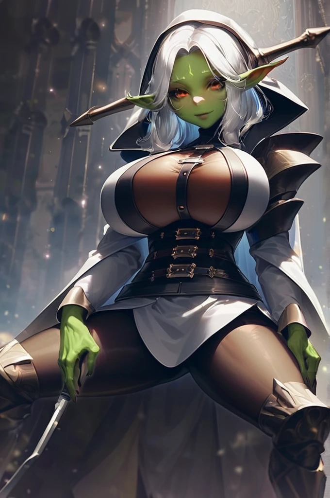 score_9, score_8_up, score_7_up, score_6_up, score_5_up, score_4_up, solo, 1lady, milf, mature woman, night elf mercenary, (very long white hair), ((long side locks with hair tubes)), bang, white eyebrows, light lipstick, ((pouted lips)), ((purple skin)), ((pupil-less glowing yellow eyes)), corset leotard, waist armour, over the knee white boots, bare shoulder, big full lips, source_anime, cel shading, cute, masterpiece, best quality, topless, ((pouted lips)), (((gigantic breasts))), ((sagging breasts)), big dark purple nipples, ((huge ass)), thick thighs, wide hips, blush, pleasant smile, sexy, seductive, alluring, feminine, smile, detailed background, detailed lighting, ((NSFW)), ((full body)), fantasy aesthetic, (mystical forest), ((elfin ruins)), ((dark night)), standing, ((cowboy shot))