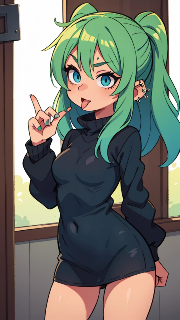 Girl with green hair. With blue eyes in black clothes, tongue piercing