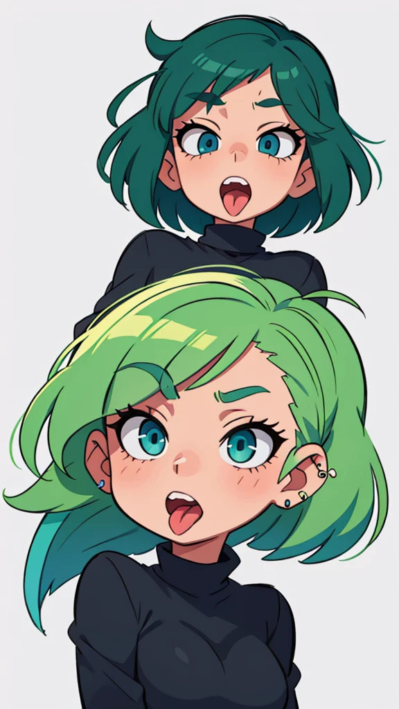 Girl with green hair. With blue eyes in black clothes, tongue piercing
