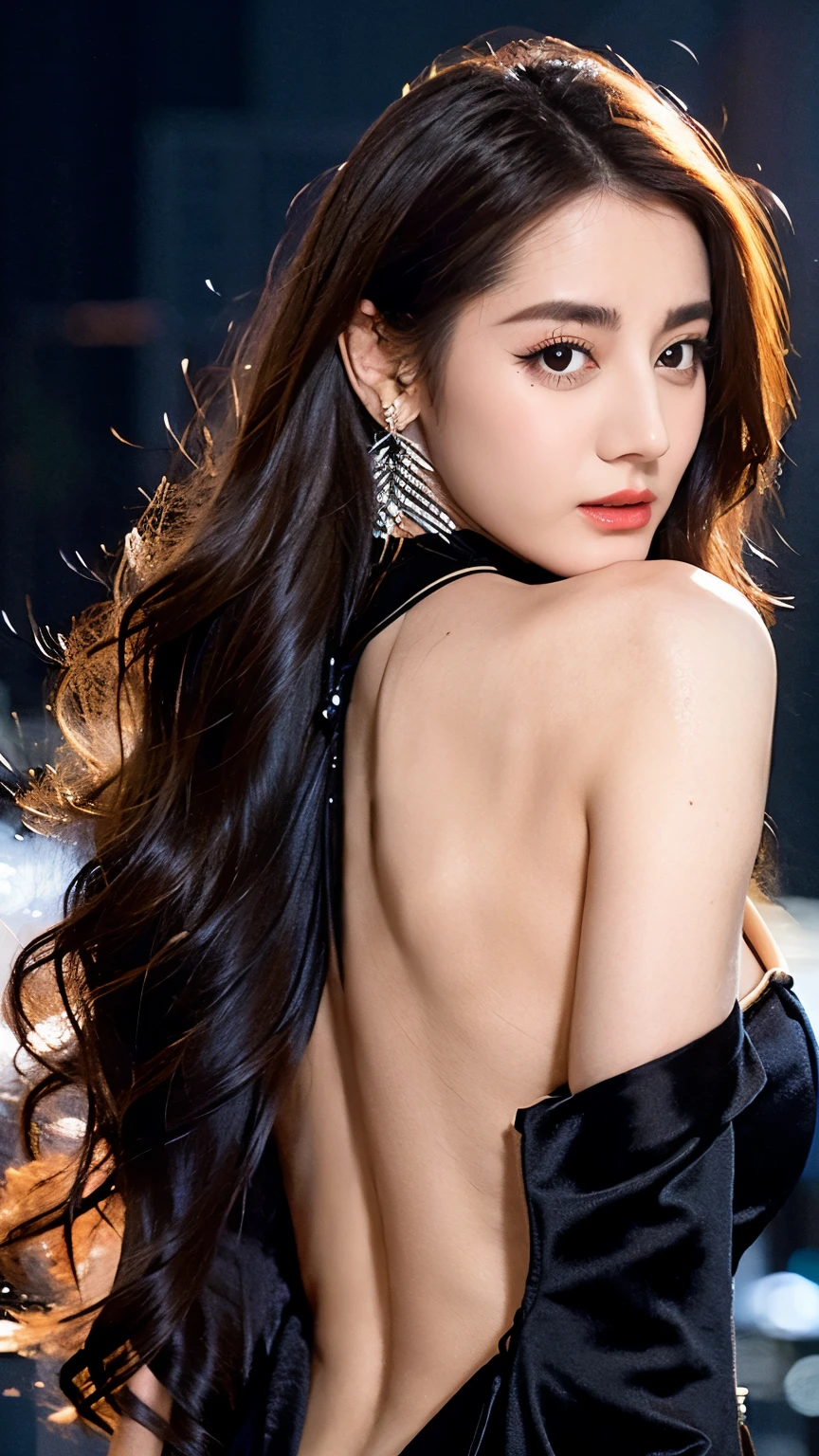 Ultra HD resolution,artistic photos,Photography,21year girl,earrings,long hair,Black background,Black backless dress,necklace,cowboy shot,H cup,Showing cleavage,Expose more breasts,Amazing breast size,Erect nipples,Expose the areola,Bigger breasts,Smooth and beautiful back,Completely bare back,Cold white skin,Big buttocks,Messy hair,Messy hair,Ruddy face