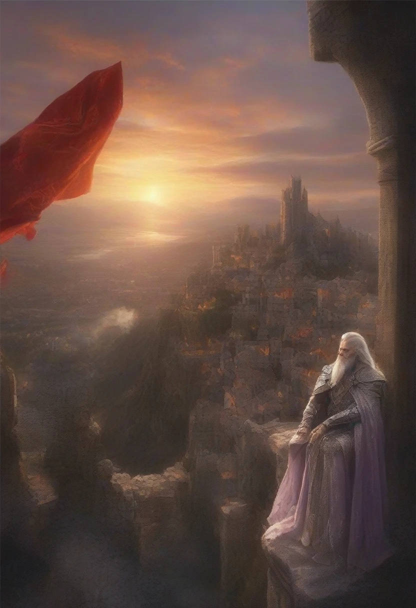(masterpiece, 8K, UHD, best quality), majestic portrait of a man, (long silky silver hair), (piercing violet eyes), (intricate armor), flowing cape, (gold and ruby details), (standing on a balcony of a high tower), (landscape of a beautiful medieval city in the background), volcanic mountains, rivers of lava, (skies crossed by dragons in the distance), (light of the setting sun), imposing and mysterious atmosphere, realistic details, (elements of fire and magic), (heroic and noble perspective)