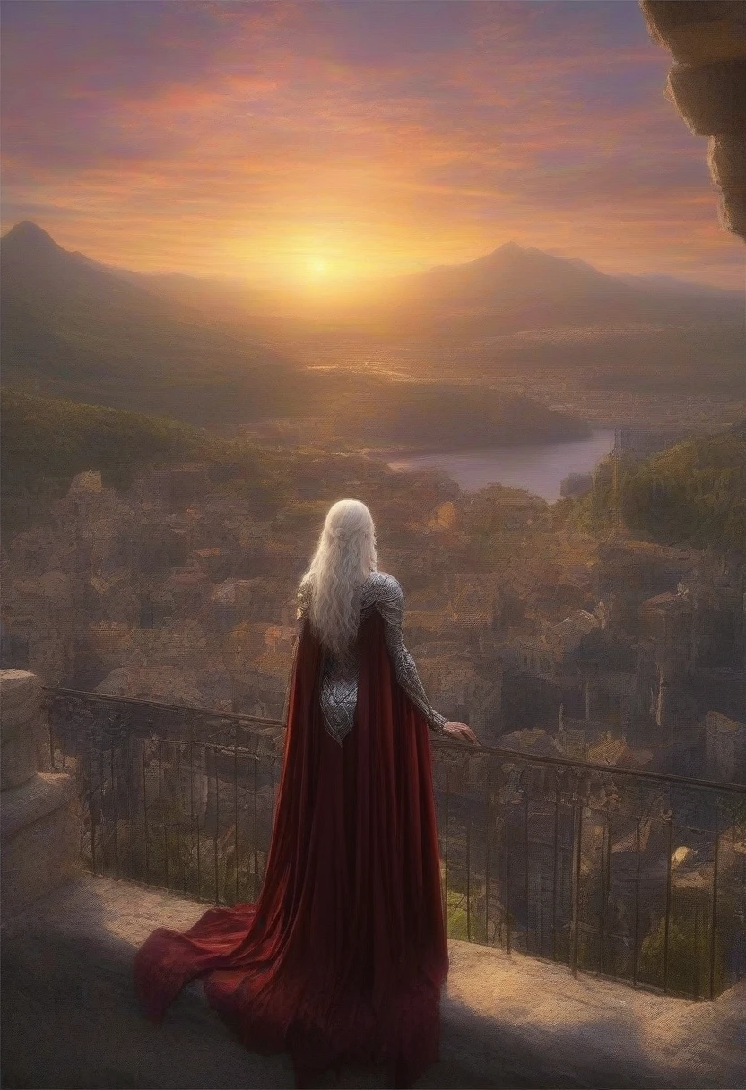 (masterpiece, 8K, UHD, best quality), majestic portrait of a man, (long silky silver hair), (piercing violet eyes), (intricate armor), flowing cape, (gold and ruby details), (standing on a balcony of a high tower), (landscape of a beautiful medieval city in the background), volcanic mountains, rivers of lava, (skies crossed by dragons in the distance), (light of the setting sun), imposing and mysterious atmosphere, realistic details, (elements of fire and magic), (heroic and noble perspective)
