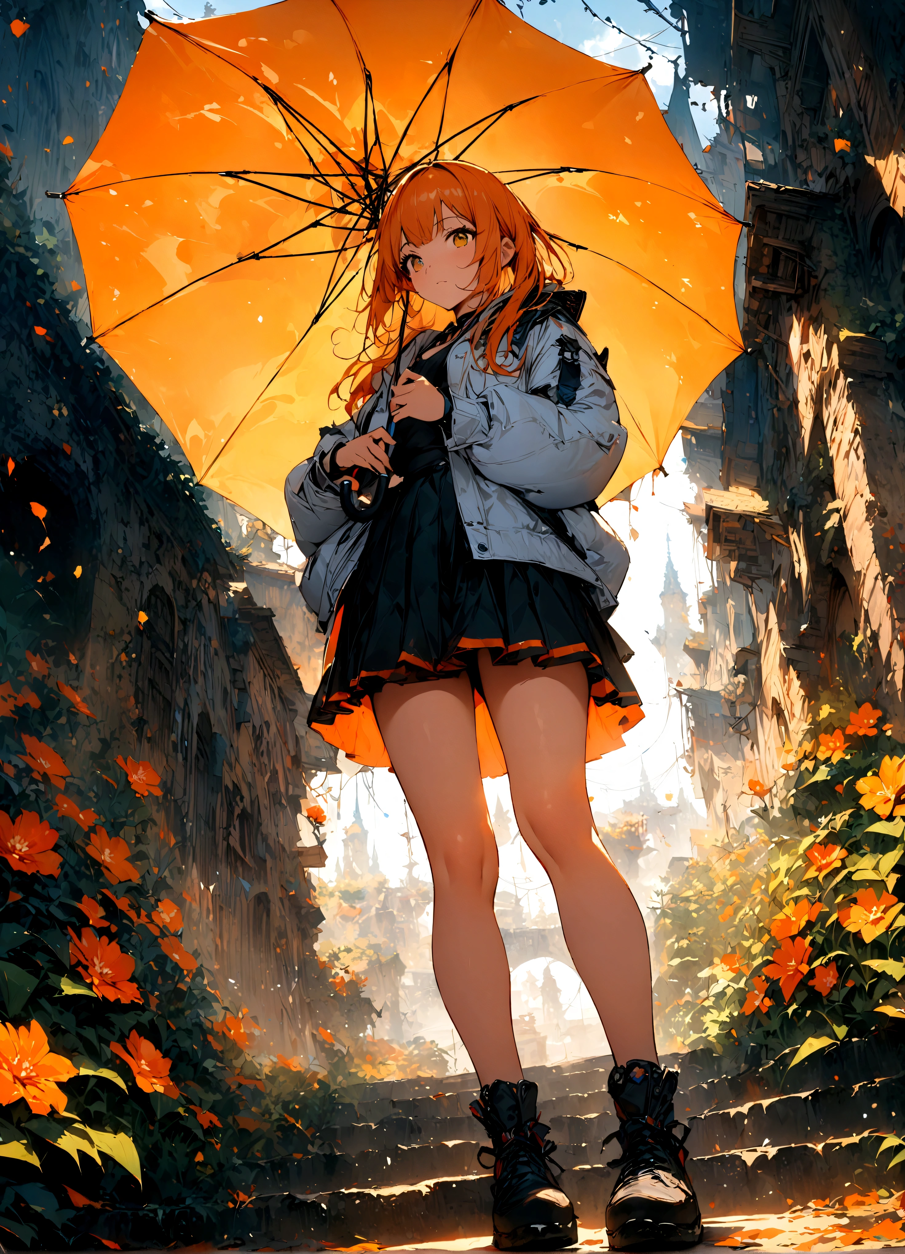 1 Girl, Holding an umbrella, Orange Hair_flower, skirt, bending_Exceed , View from below,(perfect_Face), Gorgeous, complex, 4K, detailed_background, Caustic lines, full_Body, digital_illustration, (masterpiece:1.4), (best quality:1.4), fantasy, extremely detailed, complex, hyper detailed, Soft lighting,