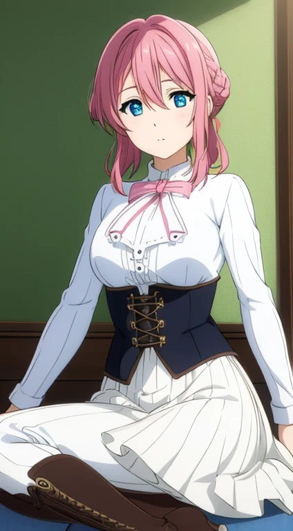 Tied pink hair, blue eyes, white pants, black corset, white long-sleeved blouse, sword at side, brown boots