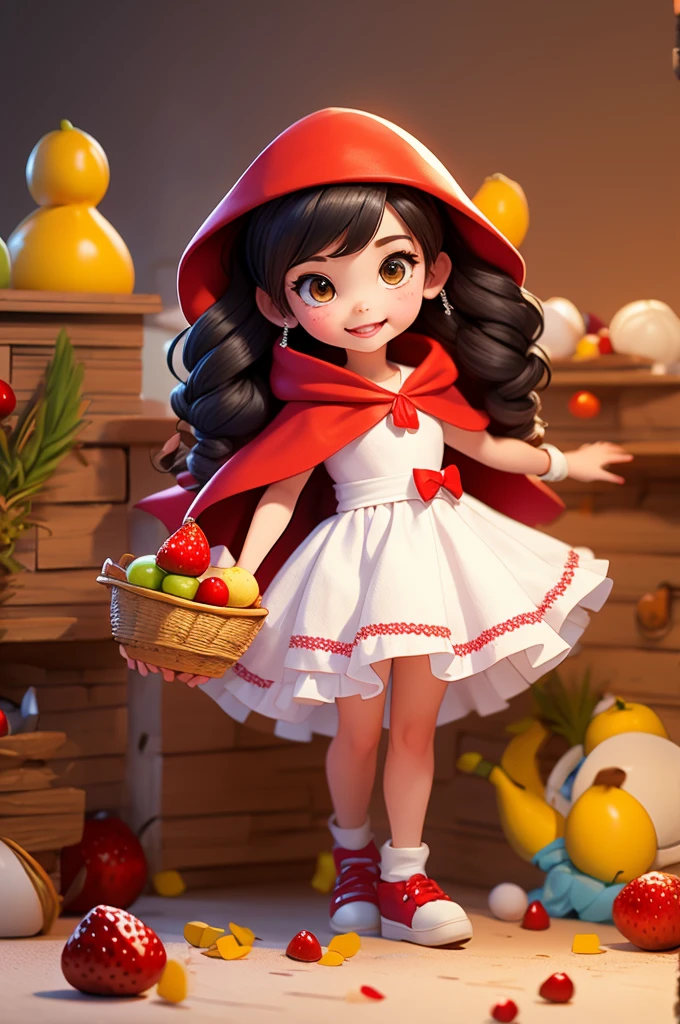 8 year old girl, wearing a red cape hood and white dress, carrying a basket with fruit.