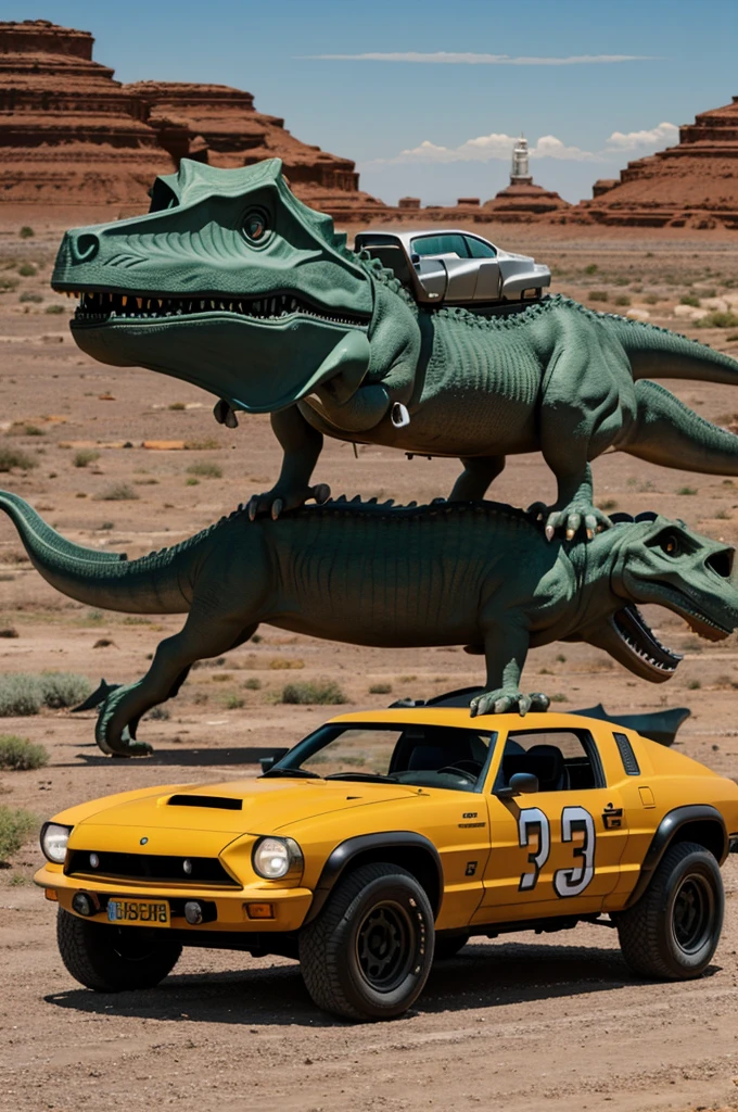 A rocket car with a dinosaur
