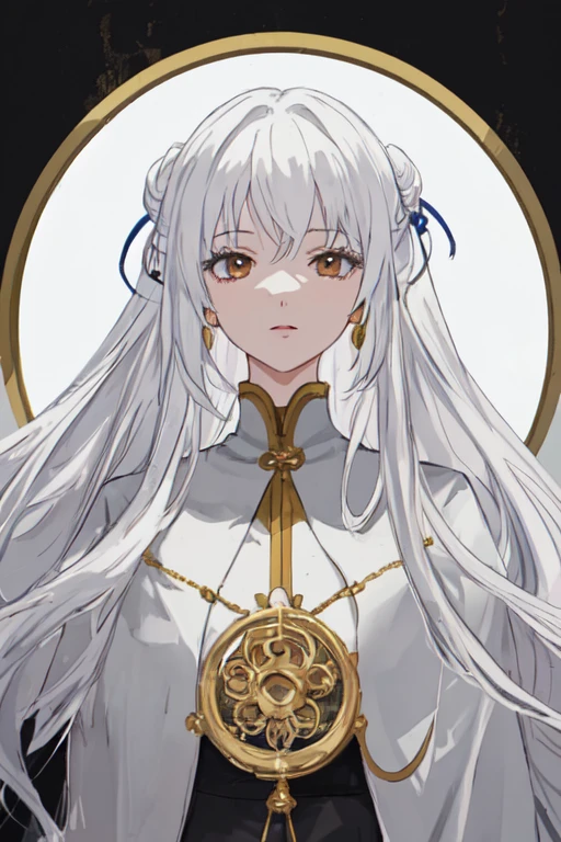 masterpiece, anime style, best quality, portrait, 1girl, white hair, long hair, long ornamental hairpin, white robes