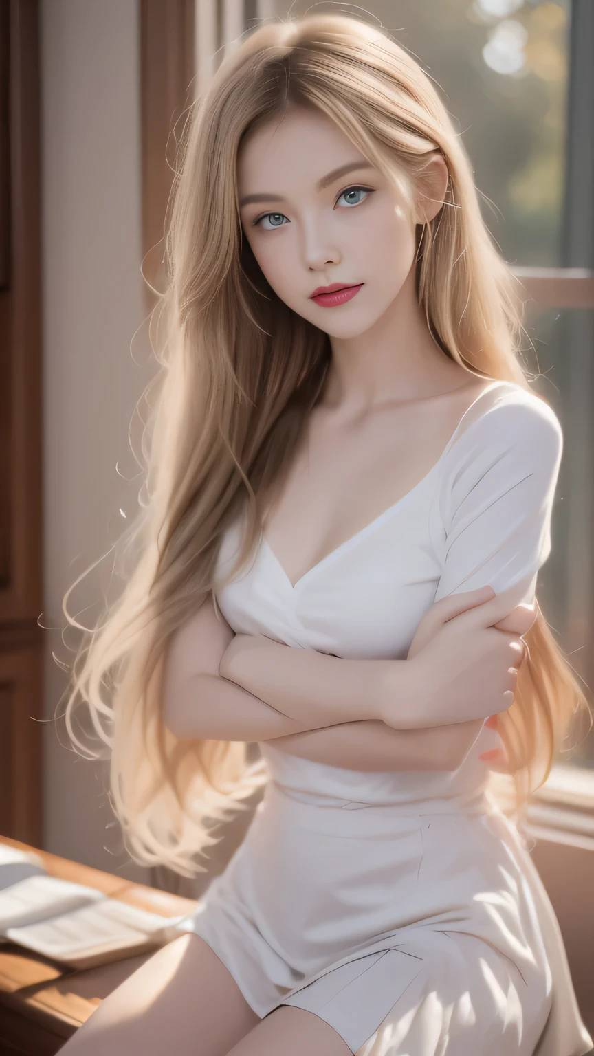 ((masterpiece,best quality, high resolution)), 1 girl, solitary, Green Eyes, Long blond hair，Tied with a blue ribbon, Bangs, Cross your arms on the table, Sleeping with arms folded, , White Seraph, Red sailor collar, Short sleeve, White pleated skirt, (In the library), Dramatic Lighting, Next to the window, afternoon light through the window, afternoon, Bokeh effect