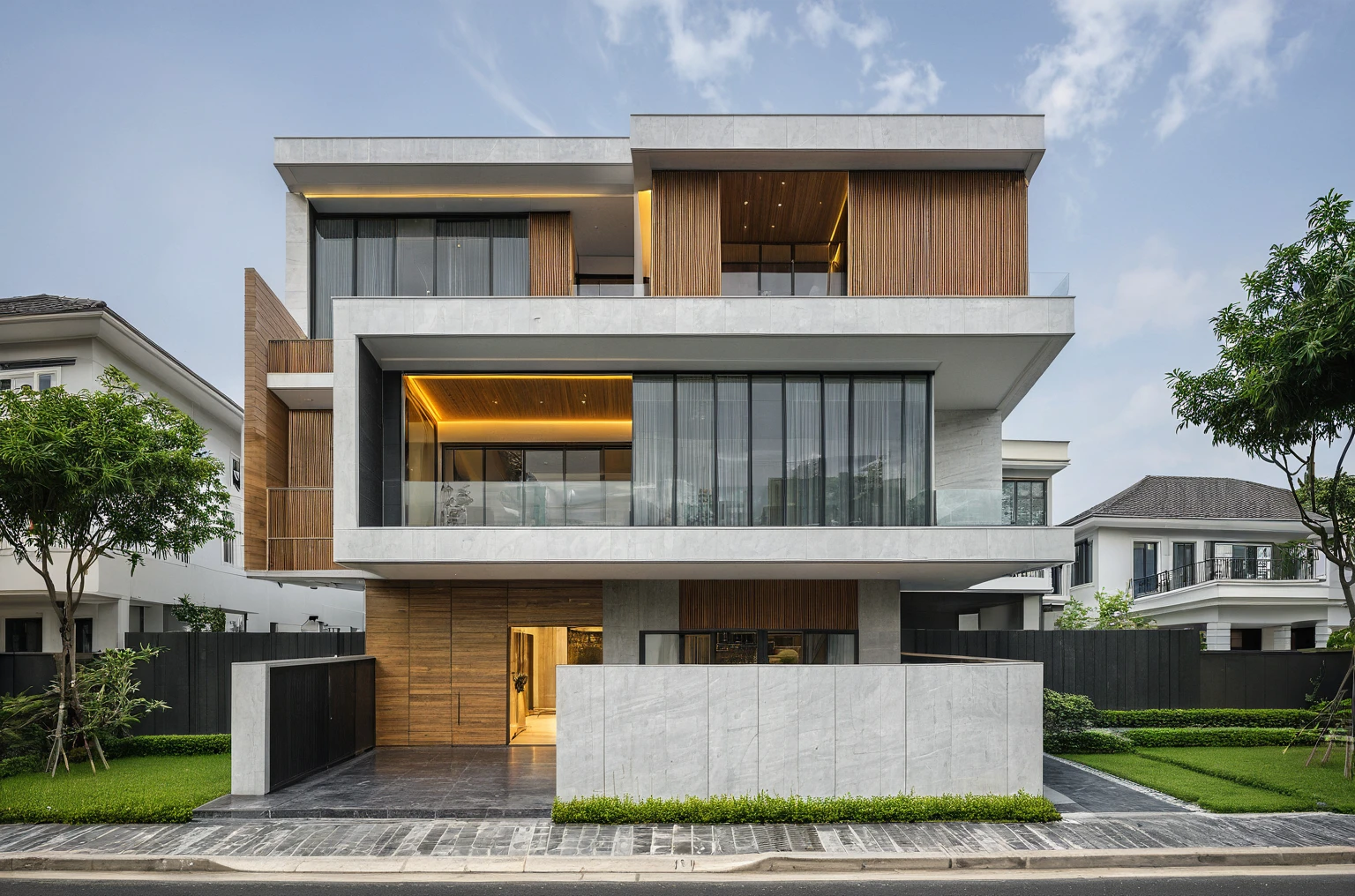 modern villa on street, (overcast lighting:1.2), tropical tree, vivid color, streetcapes, nice sky, grey and wwhite tone, (large glass door:1.2), warm interior lighting, modern material, best quality, ultra realistic, masterpiece, 17ArchiAI_XL_VL-v1