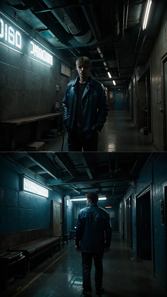 Alex often neglected his homework and chores, 4k realistic imagery, blue scenery like a movie scene, old american setting, inspired by blade runner movie scene, blue tone,