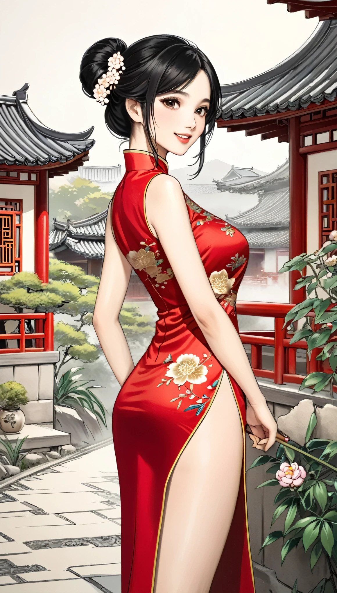 A beautiful woman, city,(standard cheongsam), (flower chignon), (gold embroidery thread), outdoor chinese house, light smile, ((black hair)), little blush, side, (breast), line art, Scan Painting Art, Color pencil drawing art, (hand drawing art), ((draft drawing)),
