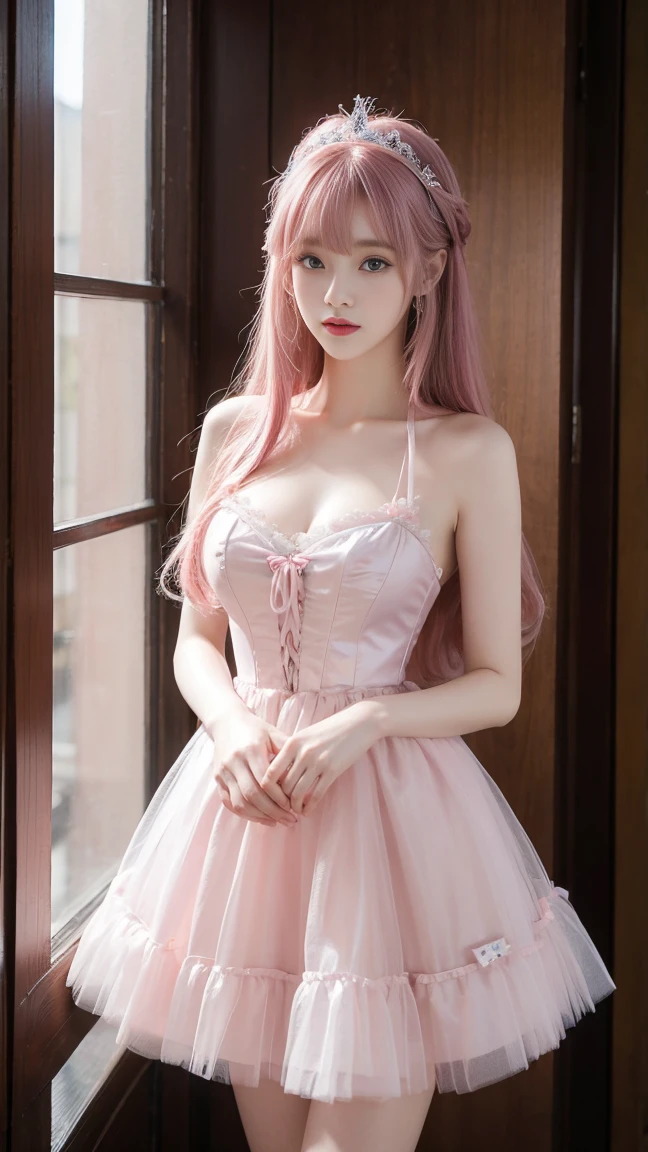 masterpiece, best quality, 1 Girl, Sexy，Standing，Good looking，gentle，Victorian costumes，blue eyes, Pink Hair，Long hair，Middle-parted bangs， Gorgeous headdress，Gorgeous evening dress，Tutu，High heel。