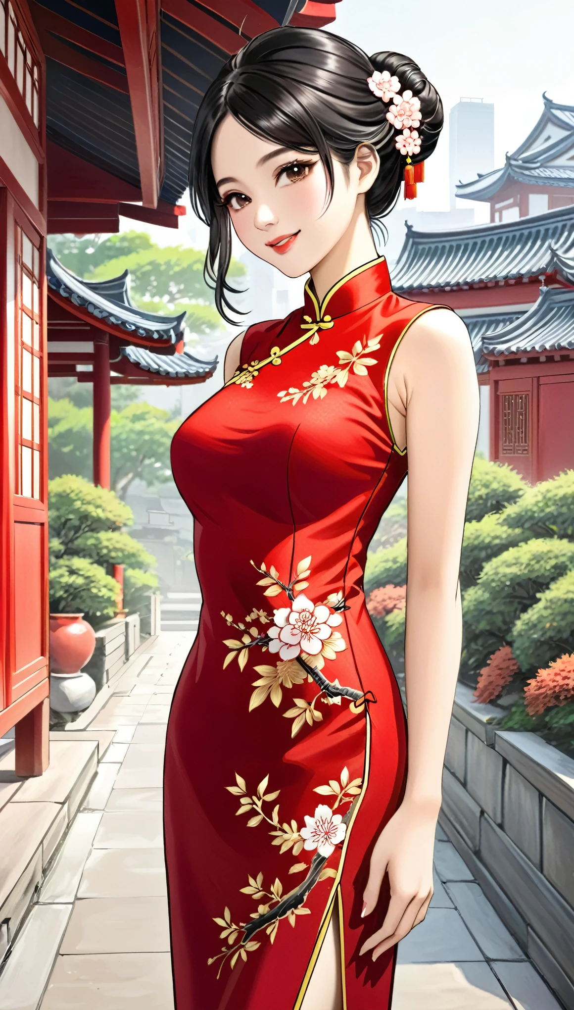 A beautiful woman, city,(standard cheongsam), (flower chignon), (gold embroidery thread), outdoor chinese house, light smile, ((black hair)), little blush, side, (breast), line art, Scan Painting Art, Color pencil drawing art, (hand drawing art), ((draft drawing)), 