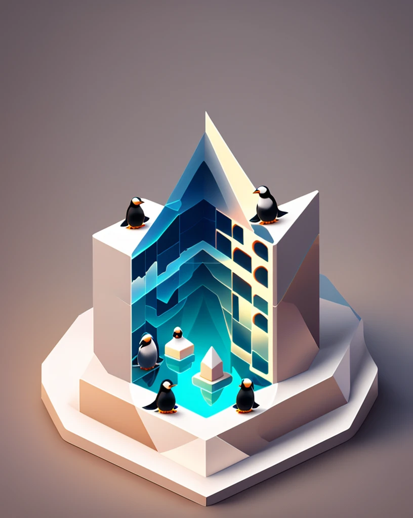 The creation of a master,Three penguins,cube,Jigsaw scene,Beautifully sophisticated,Sea view,iceberg,Creative scene design,trending on Art Station, Monument Valley, Level Design, Low Poly, Isometric Art, 3D Art, High Detail, Art Station, Concept Art, behance, Ray Tracing, Smooth, Clear focus, Ethereal Lights