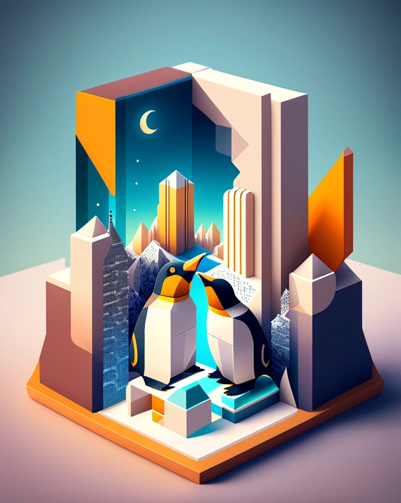 The creation of a master，Three penguins，cube，Jigsaw scene，Beautifully sophisticated，Sea view，iceberg，Creative scene design，trending on Art Station, Monument Valley, Level Design, Low Poly, Isometric Art, 3D Art, High Detail, Art Station, Concept Art, behance, Ray Tracing, Smooth, Clear focus, Ethereal Lights