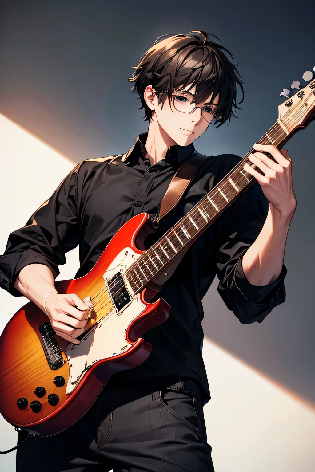 masterpiece, Best quality, A high resolution, official, details, One, 1 man, Medium hair, black hair, black eyes, Guitarist, Musician, glasses, vacationist