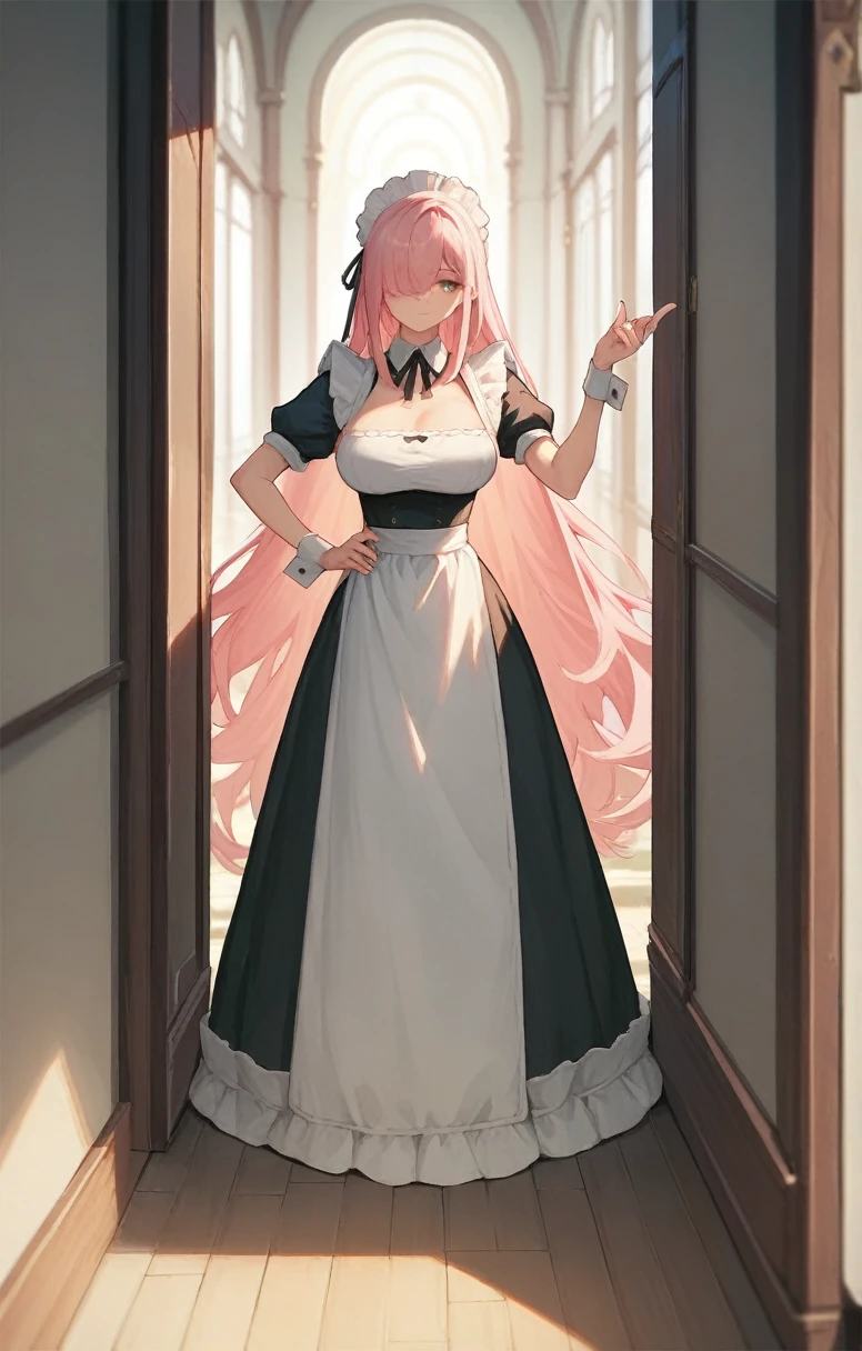 best quality, Very detailed, masterpiece, Japanese cartoons,best quality,Pink long hair,Bangs covering one eye,Big breasts,,Maid costume,Dynamic poses,corridor,Place one hand on your hip,The other hand strokes the hair,