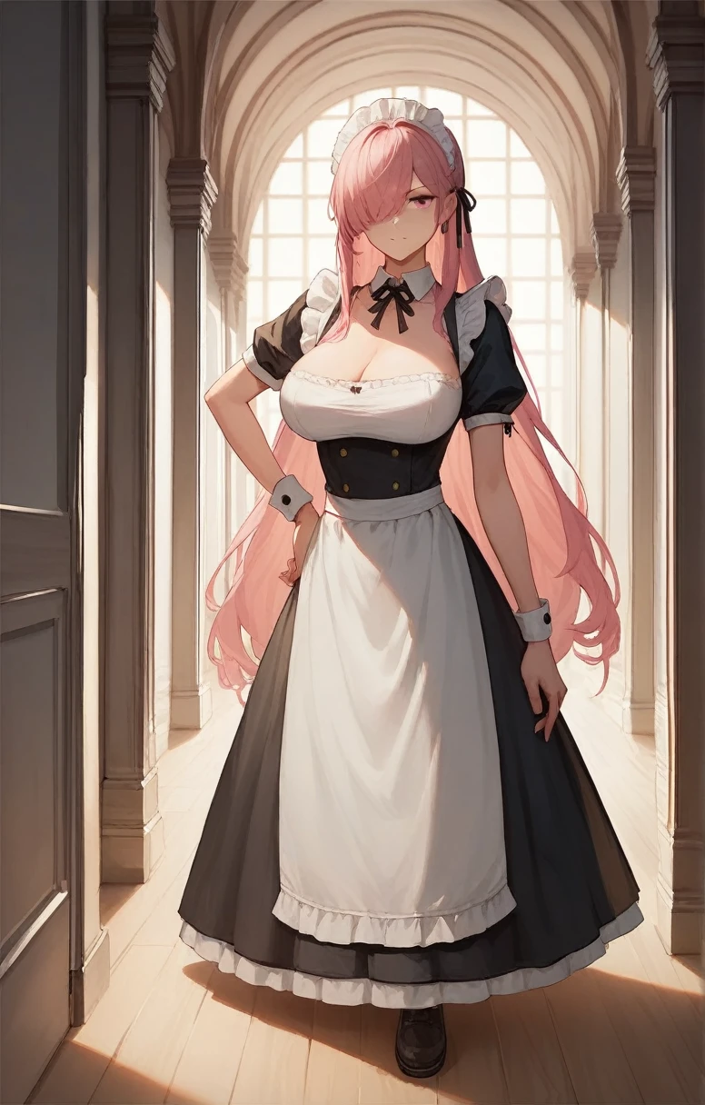 best quality, Very detailed, masterpiece, Japanese cartoons,best quality,Pink long hair，Bangs covering one eye，Big breasts,，Maid costume,Dynamic poses,corridor,Place one hand on your hip,The other hand strokes the hair，