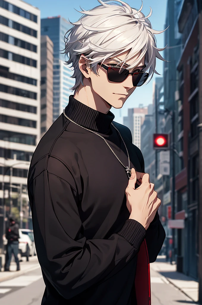 High definition, ultra HD. Draw a male anime character with a front view, who has the following physical characteristics: young adult, Caucasian skin, medium and messy black hair, but well looked. His hair falls over his ears and the back of his neck. The character is blind and uses sunglasses with red lenses and silver frames. The glasses hide his eyes and give him a mysterious look. Slim nose, relaxed features, serious and confident, corner smile. Clothing: a black sweater and a silver chain. Appearence highlights: his red lenses sunglasses. (character's trademark). Eyes hidden by sunglasses. Urban background in blurred style.
