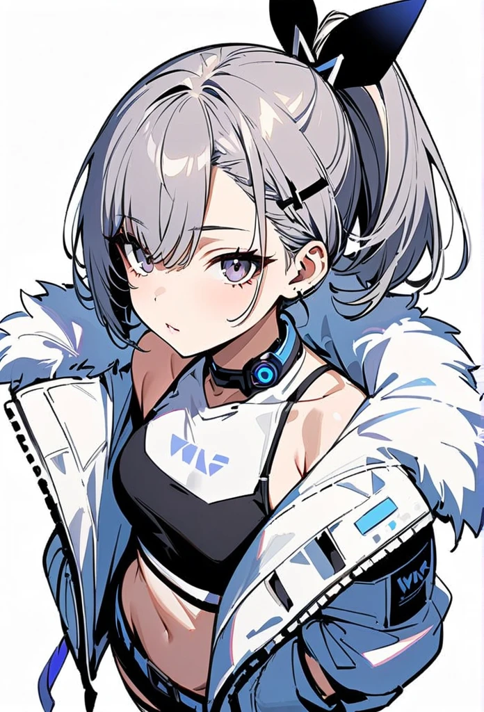 young girl, gray short hair, gray eyes, high ponytail, cyberpunk, white top, shorts, fur coat, masterpiece, high quality, silver wolf, oversized vest