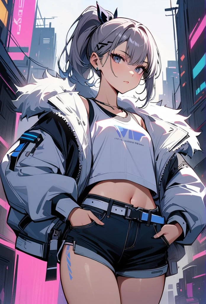 young girl, gray short hair, gray eyes, high ponytail, cyberpunk, white top, shorts, fur coat, masterpiece, high quality, silver wolf, oversized vest
