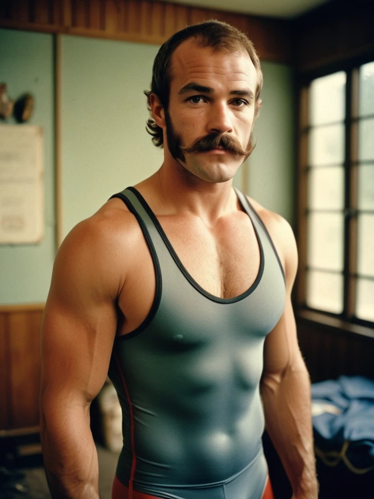 analog film photo realistic photograph, h3nryk4v1l , facial hair, grey eyes, wearing a wrestling tight singlet, on a room, no body hair, defined muscles, sexy atmosphere . faded film, desaturated, 35mm photo, grainy, vignette, vintage, Kodachrome, Lomography, stained, highly detailed, found footage