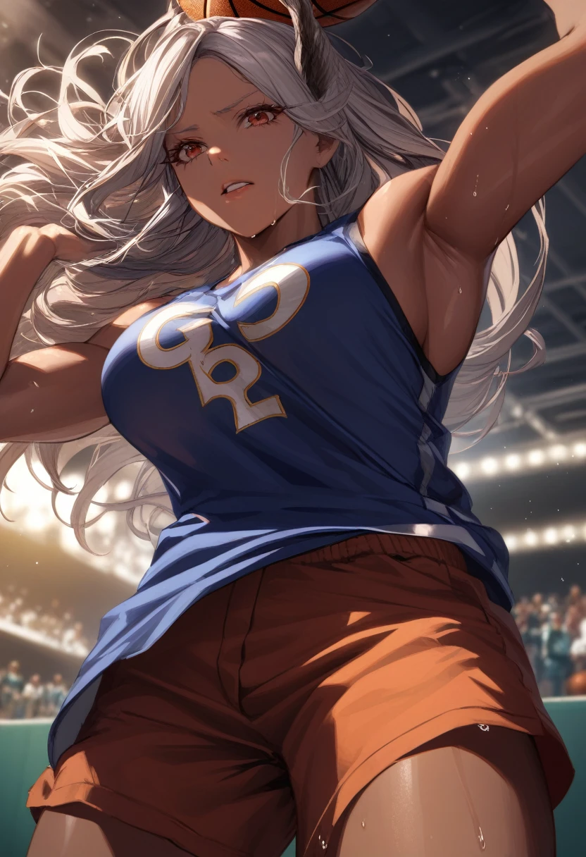 (Mastepiece, best quality, absurdres), close up shot, 1girl, mirkodef, dark skin, muscular,  mature female, holding a basketball in one hand, lifting shirt with one hand, underboob, wearing a basketball jersey, basketball court, looking at wiewer, (exhausted, sweating), medium boobs, 8k intricate illustration, dynamic pose, cinematic lighting, volumetric lighting, vibrant colors, ray tracing, intricate details, 