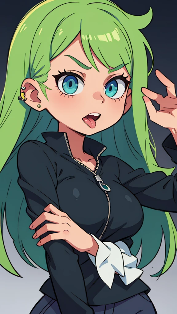 Girl with green hair. With blue eyes in black clothes, tongue piercing