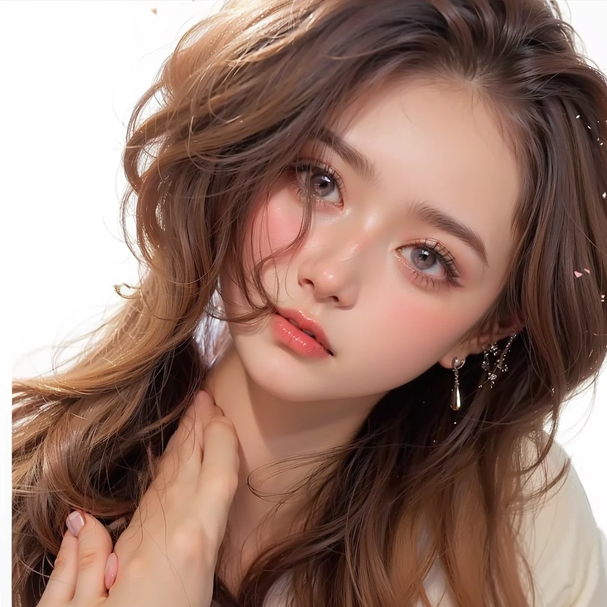 Light pink hair, pink eyes, pink and white, sakura leafs, vivid colors, white dress, paint splash, simple background, ray tracing, wavy hair