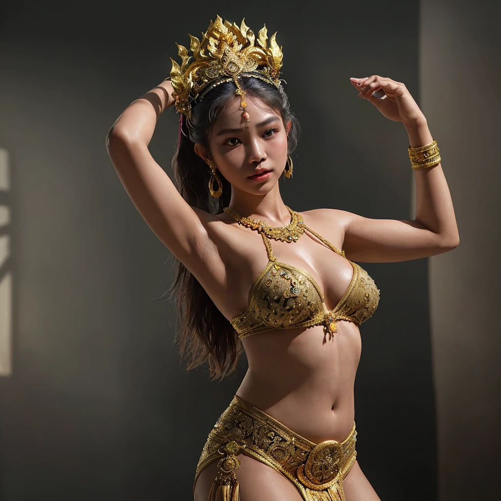 hyper realistic photography (ultra detailed object) shade backlight lighting treatment naturally, an indonesian girl naked, good body curve, showing her big breast & hard nipple with flashing pussy, only wearing traditional bali`s pendet dancer golden head band tiara, she is dancing balinese traditionaly move her hips sensually, show the curve of her body, big breast with brown nipples, dark dramatic mood, backlight mysterious, mystical shoot, 1 source of light a tungsten lamp on the corner on traditional balinese home