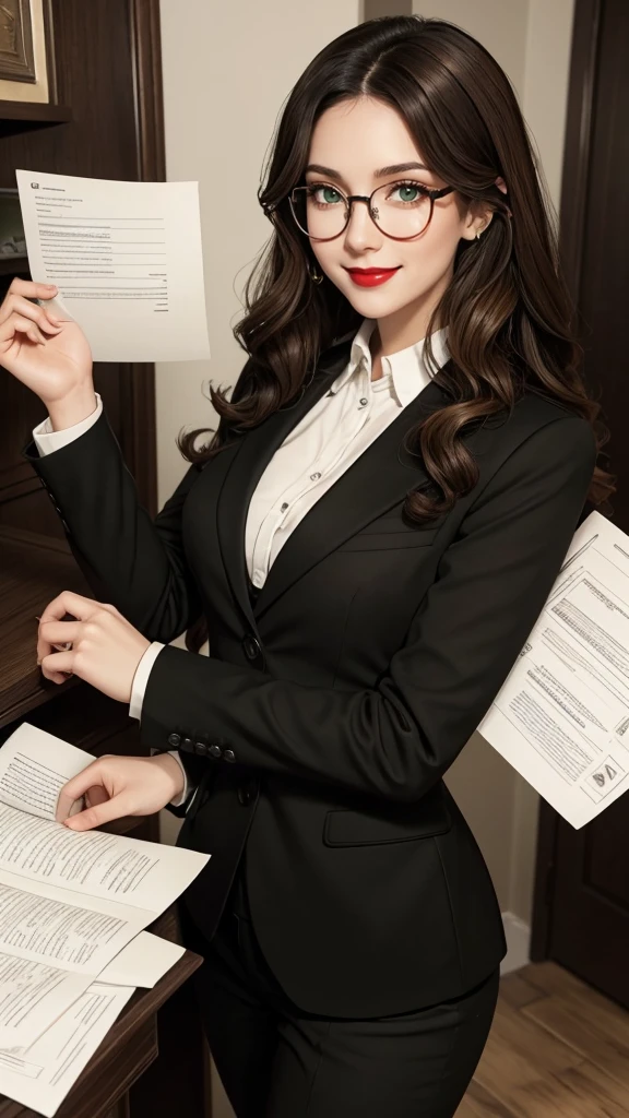 German woman, long curly black hair, brown highlights, green eyes, emisarry, glasses, paperwork, red lips, smiling, pale ivory skin, black suit