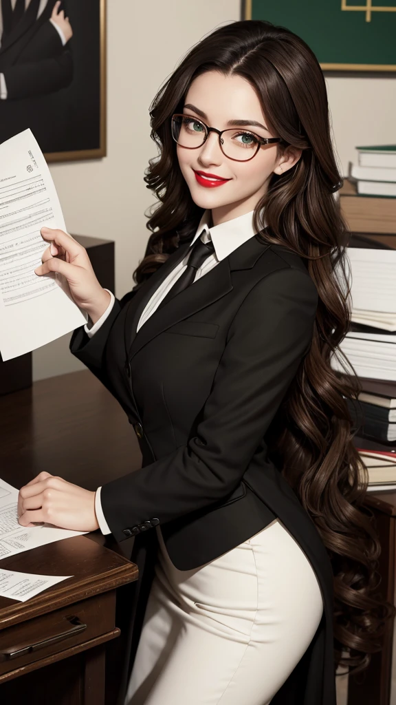 German woman, long curly black hair, brown highlights, green eyes, emisarry, glasses, paperwork, red lips, smiling, pale ivory skin, black suit