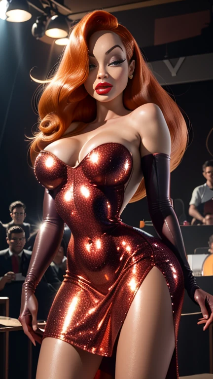 realistic detailed face, Masterpiece 1.3, Perfect Body, toned athletic body, hd, full detailed, jessica rabbit, sideless red dress, (glitter dress), purple sleeve gloves, dark orange hair, detailed eyes, perfect eyes, ultrarealistic green eyes, ultrarealistic heavily oiled shiny skin, pink eye make up, ultrarealistic red lipstick, cleavage, seductive face, seductive look, seductive pose, looking at viewer, cameltoe, on stage, upskirt, round ass,
