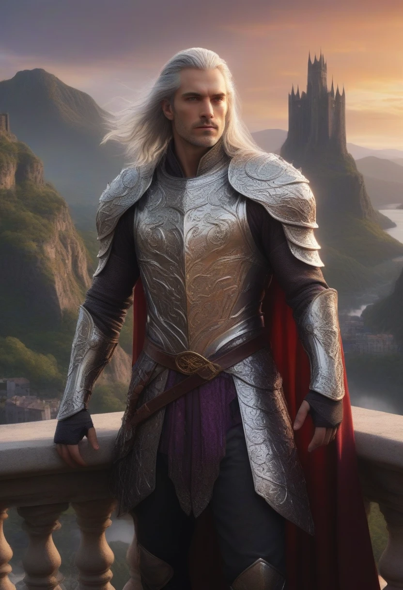 (masterpiece, 8K, UHD, best quality), majestic portrait of a man, (long silky silver hair), (piercing violet eyes), (intricate armor), flowing cape, (gold and ruby details), (standing on a balcony of a high tower), (landscape of a beautiful medieval city in the background), volcanic mountains, rivers of lava, (skies crossed by dragons in the distance), (light of the setting sun), imposing and mysterious atmosphere, realistic details, (elements of fire and magic), (heroic and noble perspective)
