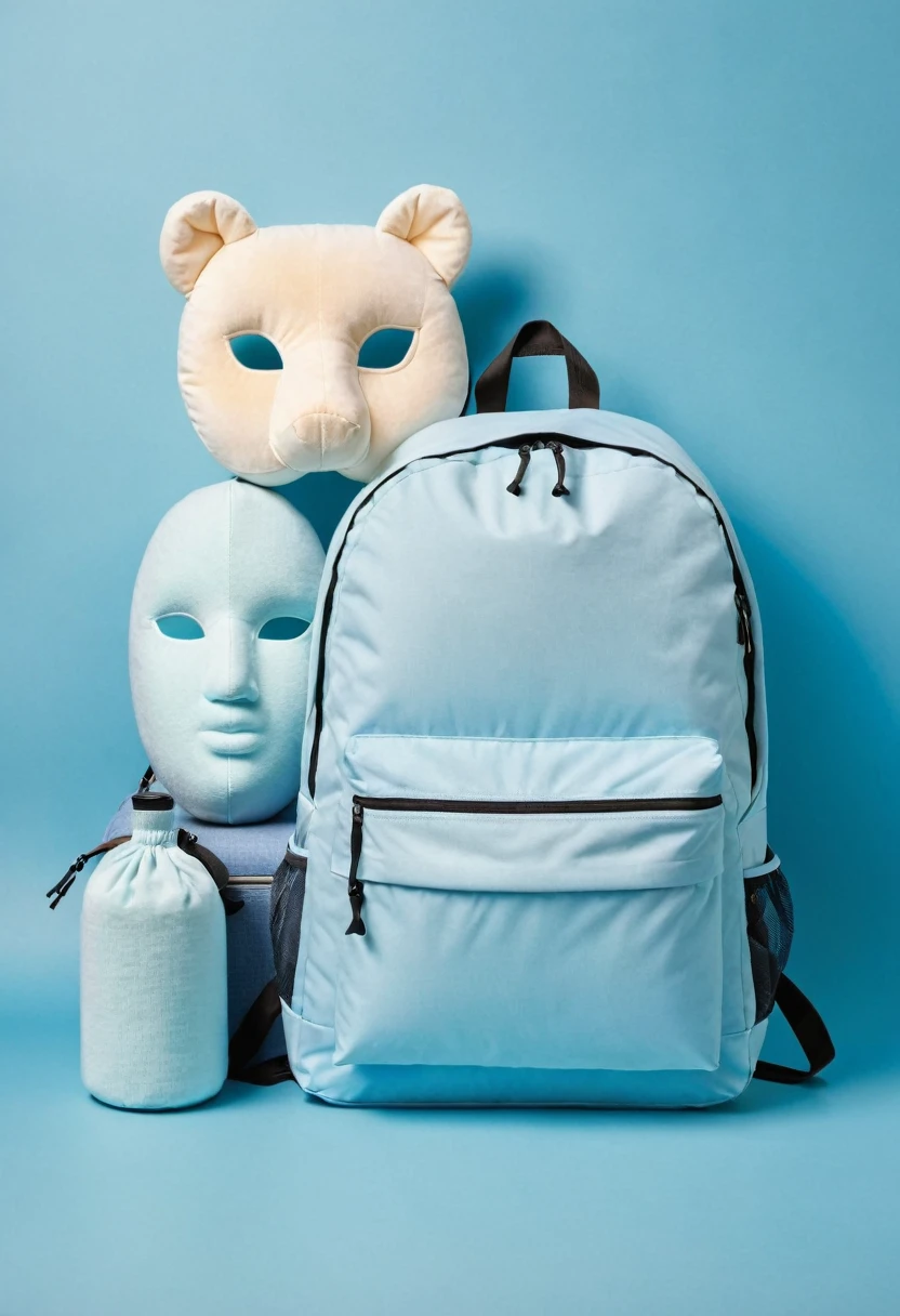travel pillows, backpack, masque de someil sur fond bleu clair