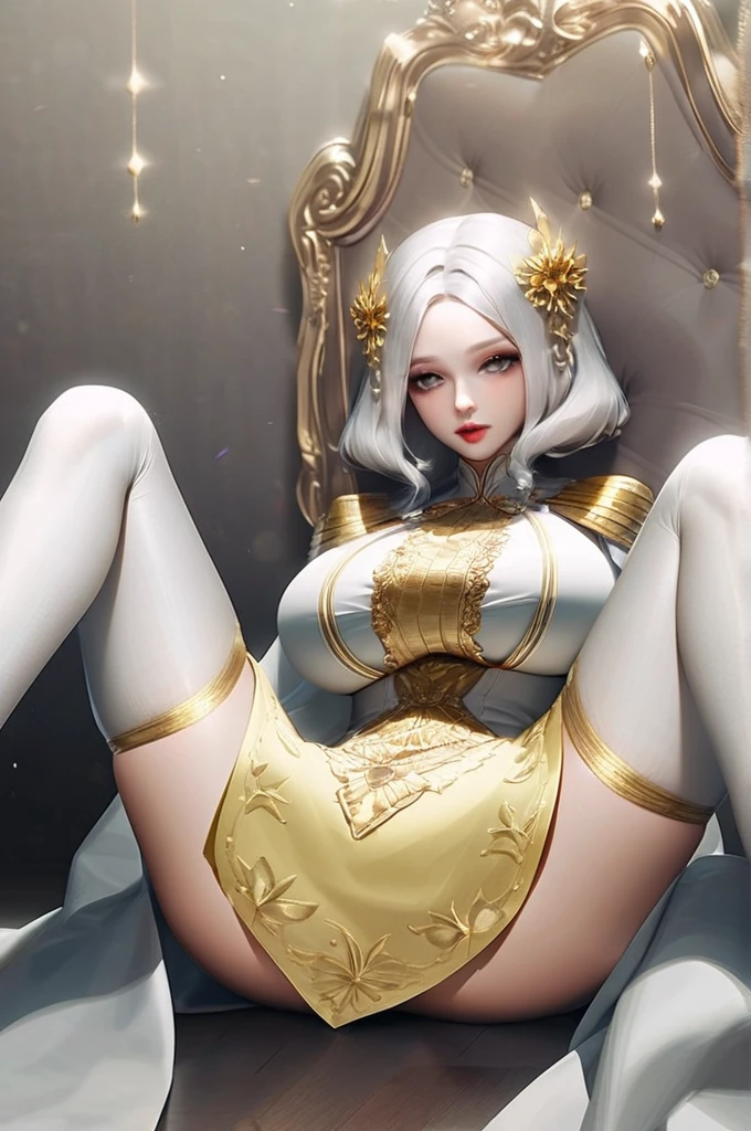 ((Лучшее качество)), ((шедевр)), (подробный), small lola girl, huge open bust, sitting on the floor, papillae sticking out, legs spread, no panties, white stockings